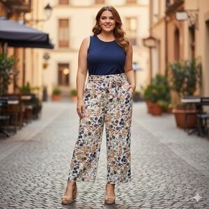 Eloquii Wide Leg Trouser Pants White Floral Print Tie Belt 22 NWT